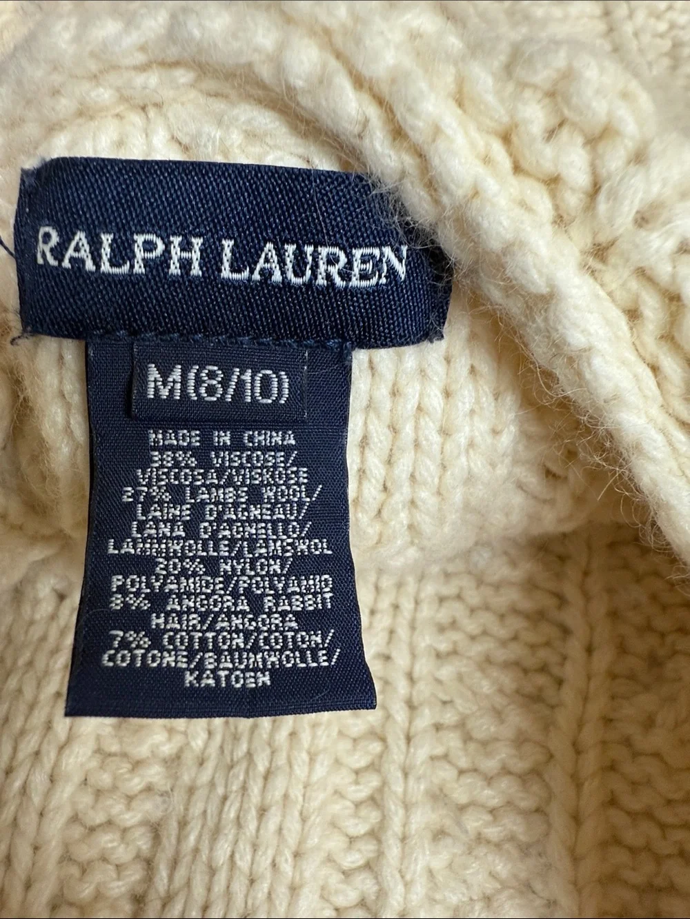 Girls’ Ralph Lauren Cream Cable-Knit Hooded Sweater with Black Fair Isle Trim